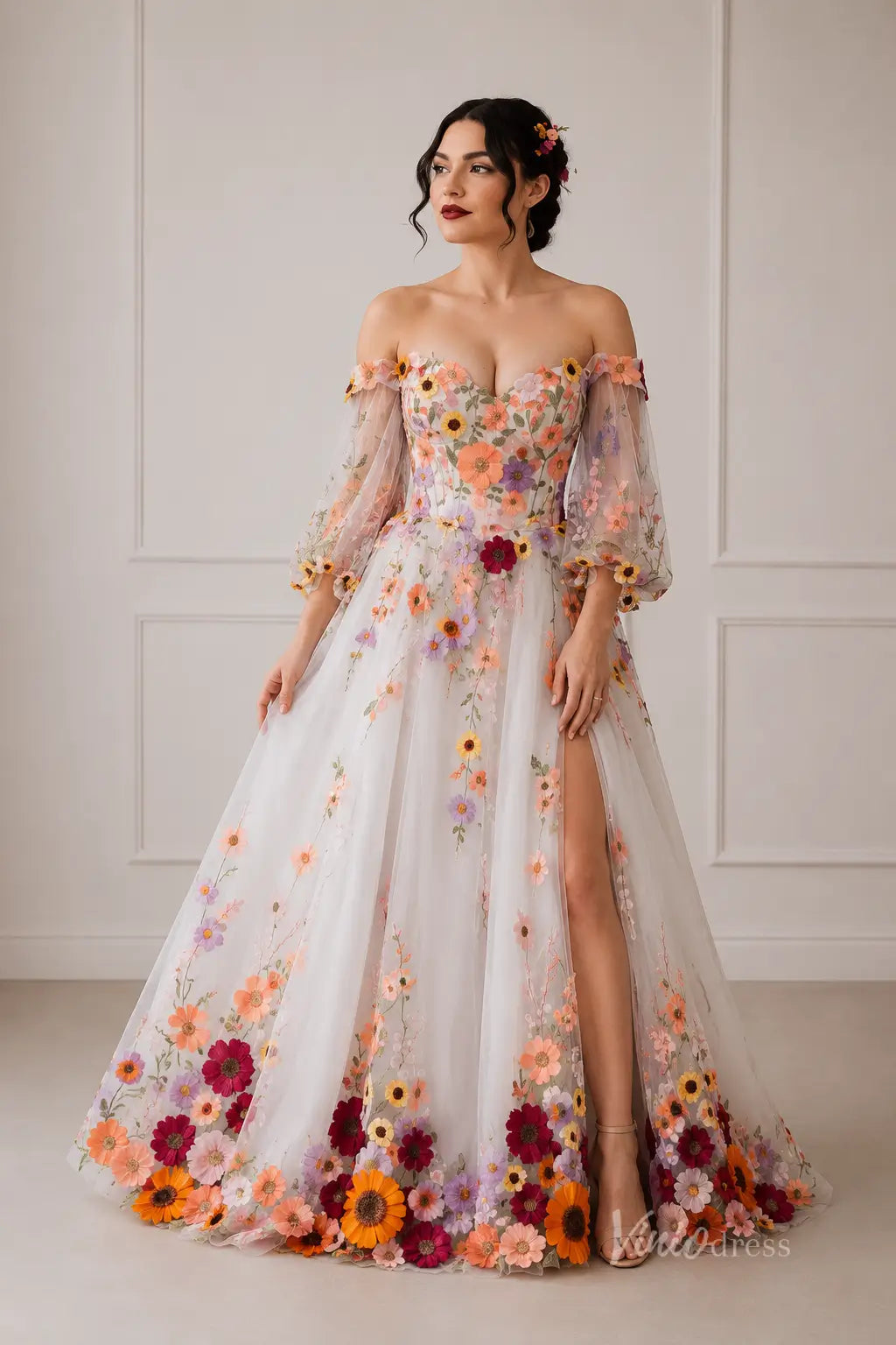 Ivory 3D Wildflower A-Line Wedding Dress with Sweetheart Neckline & Long Sheer Puff Sleeves - FW280-wedding dresses 2026-Viniodress-Ivory-No Slit-Custom Size – Add Measurements in Cart