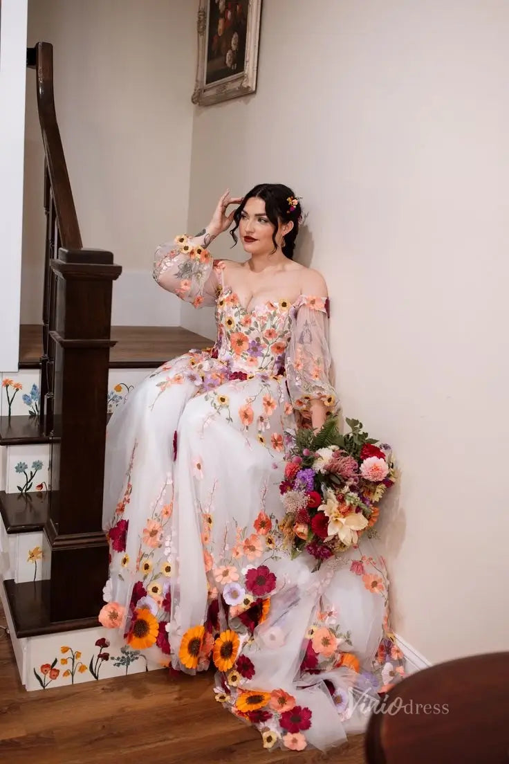 Ivory 3D Wildflower A-Line Wedding Dress with Sweetheart Neckline & Long Sheer Puff Sleeves - FW280-wedding dresses 2026-Viniodress-Ivory-No Slit-Custom Size – Add Measurements in Cart