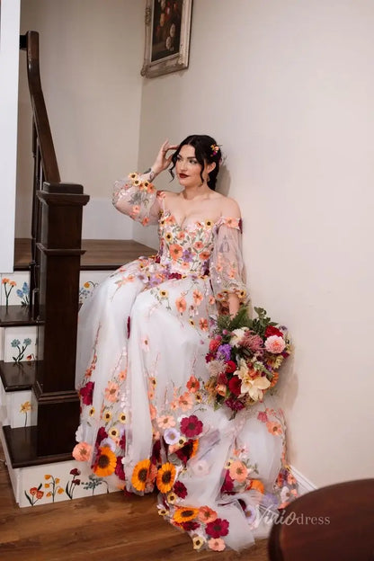 Ivory 3D Wildflower A-Line Wedding Dress with Sweetheart Neckline & Long Sheer Puff Sleeves - FW280-wedding dresses 2026-Viniodress-Ivory-No Slit-Custom Size – Add Measurements in Cart