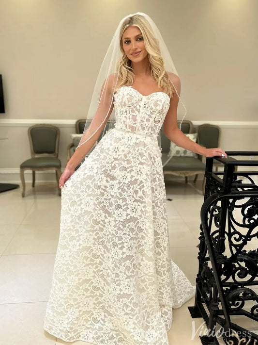 Ivory Allover Floral Lace A-Line Wedding Dress with Strapless Sweetheart Neckline – LA132-wedding dresses 2025 -Viniodress-Ivory-Custom Size-