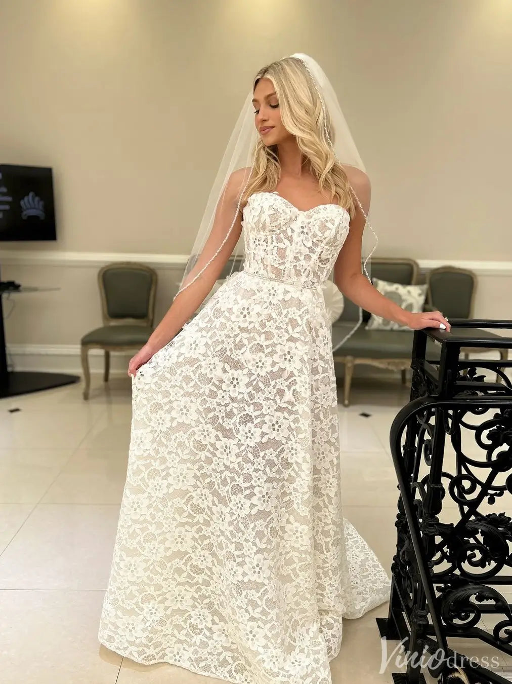Ivory Allover Floral Lace A-Line Wedding Dress with Strapless Sweetheart Neckline – LA132-wedding dresses 2025 -Viniodress-Ivory-Custom Size-