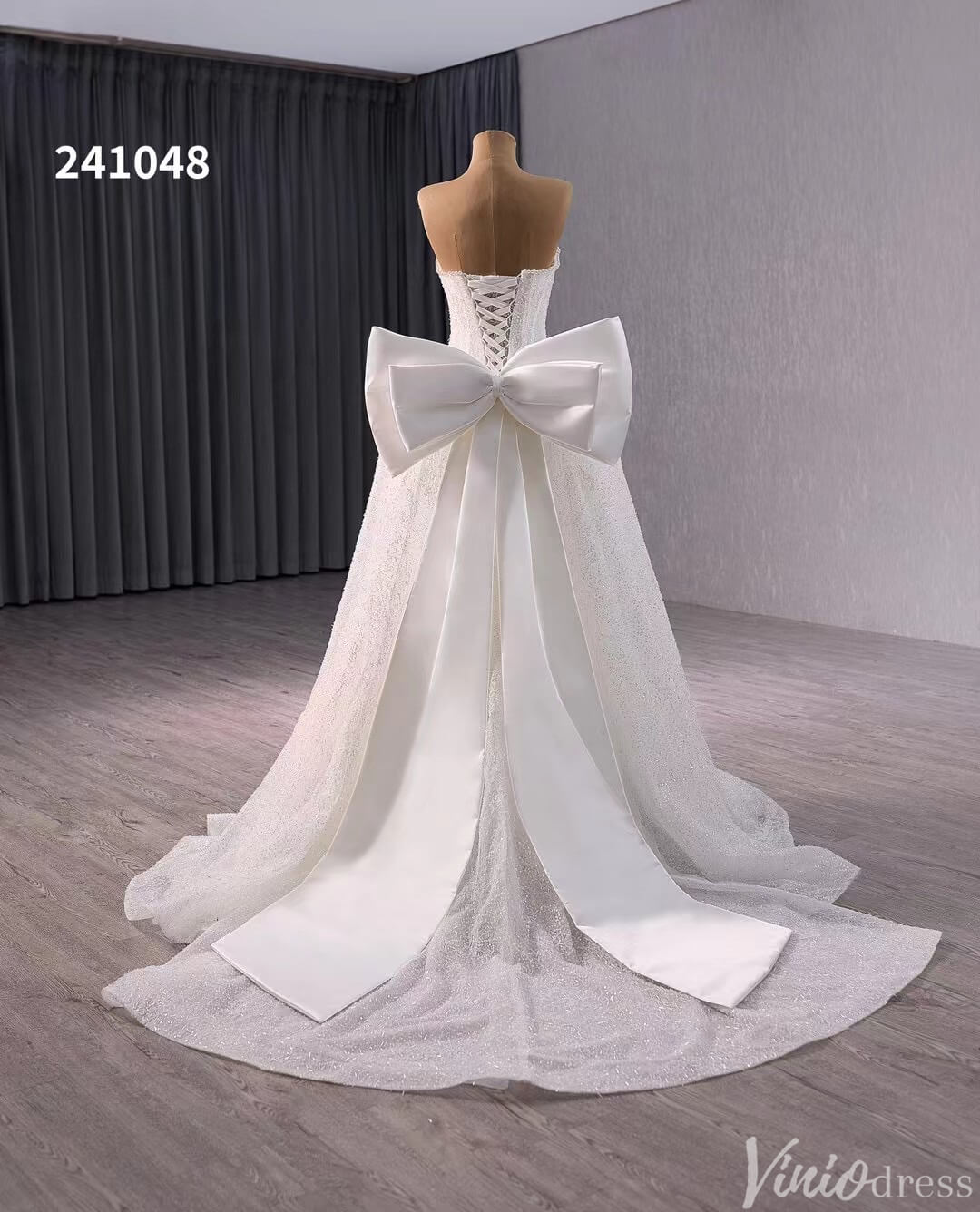 Prom Dress 2025 Ivory Beaded Bow-Tie Wedding Gown Strapless Bridal Dress 241048-unique wedding dresses-Ivory-Custom Size-Viniodress