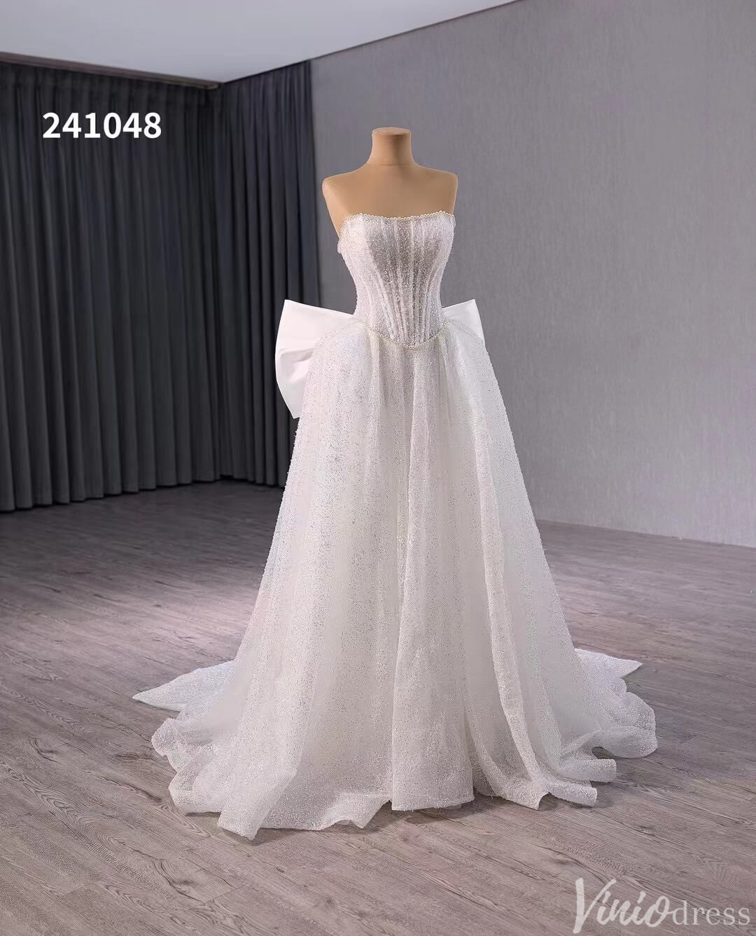 Prom Dress 2025 Ivory Beaded Bow-Tie Wedding Gown Strapless Bridal Dress 241048-unique wedding dresses-Ivory-Custom Size-Viniodress