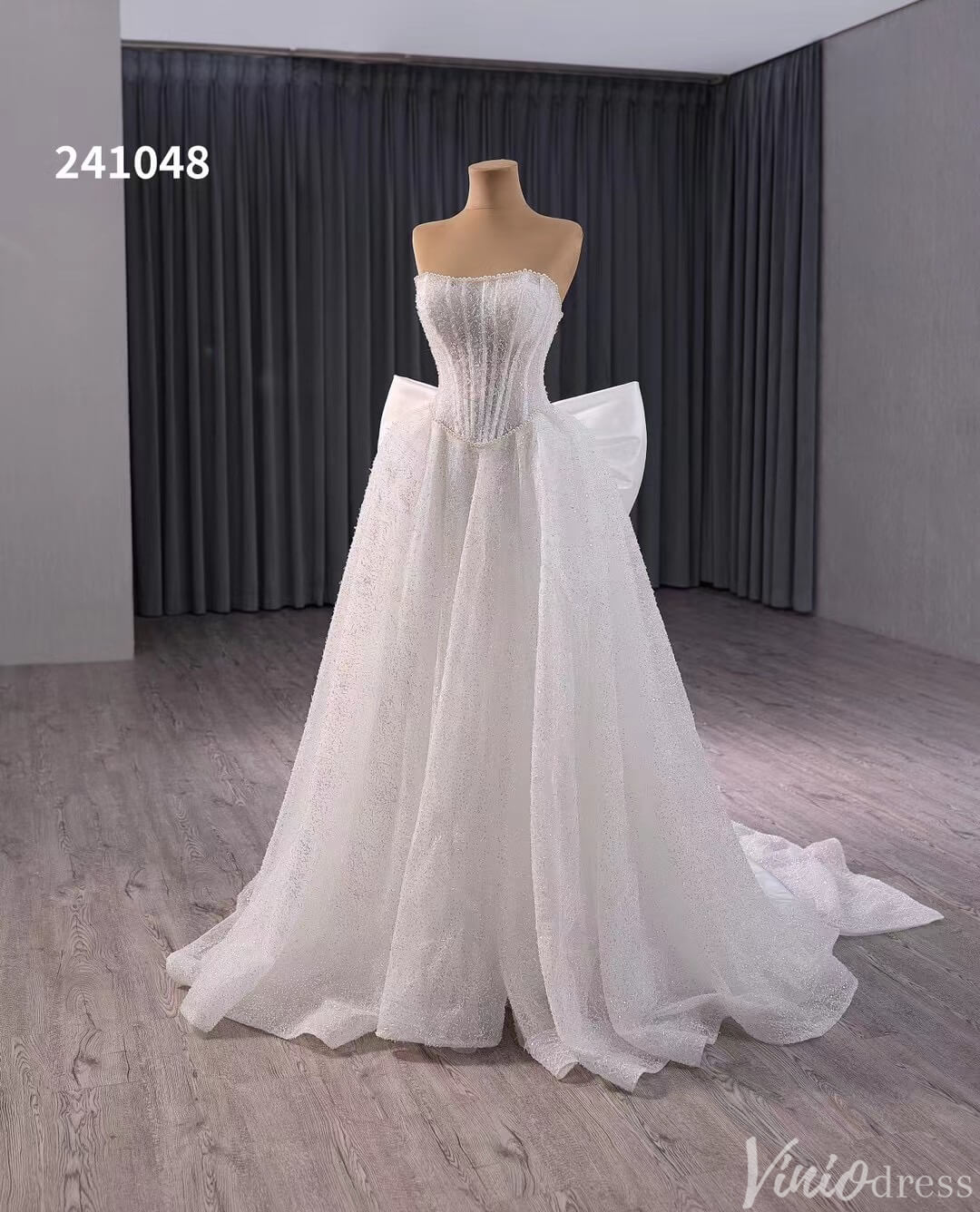 Prom Dress 2025 Ivory Beaded Bow-Tie Wedding Gown Strapless Bridal Dress 241048-unique wedding dresses-Ivory-Custom Size-Viniodress