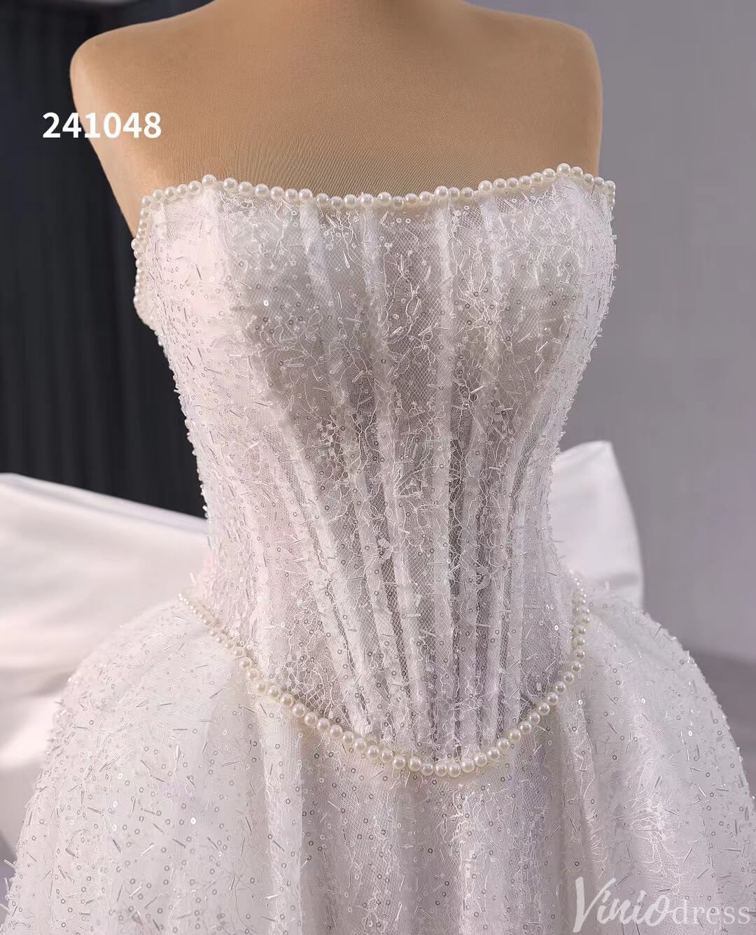 Prom Dress 2025 Ivory Beaded Bow-Tie Wedding Gown Strapless Bridal Dress 241048-unique wedding dresses-Ivory-Custom Size-Viniodress