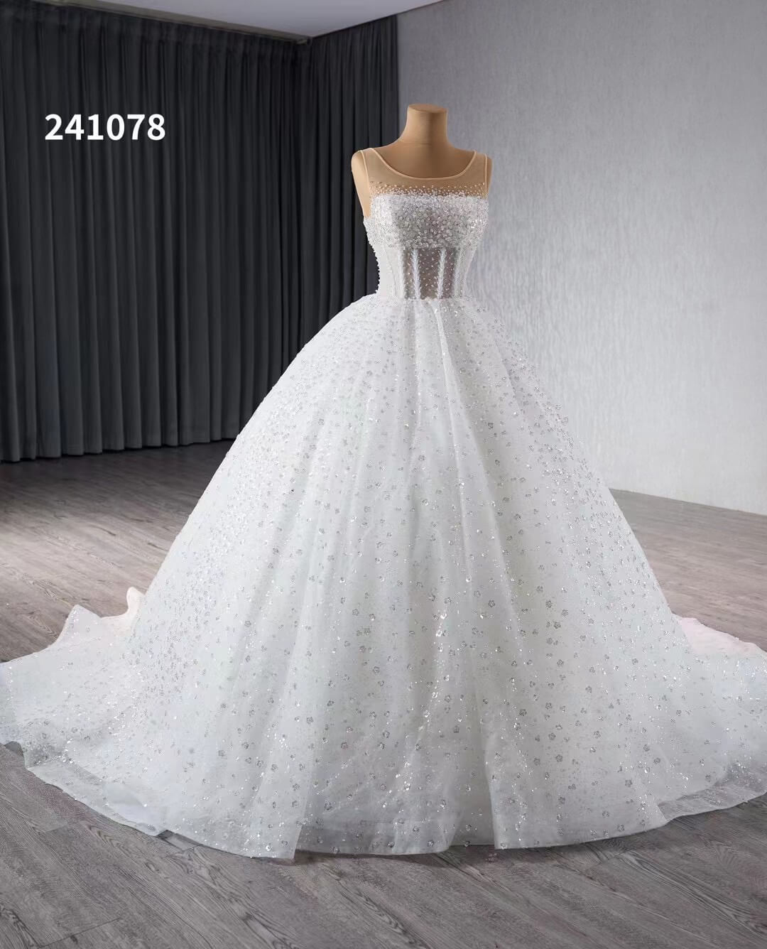 Ivory Beaded Flower Wedding Dresses Sheer Sparkly Quince Dress 241078-Quinceanera Dresses-Viniodress-Viniodress