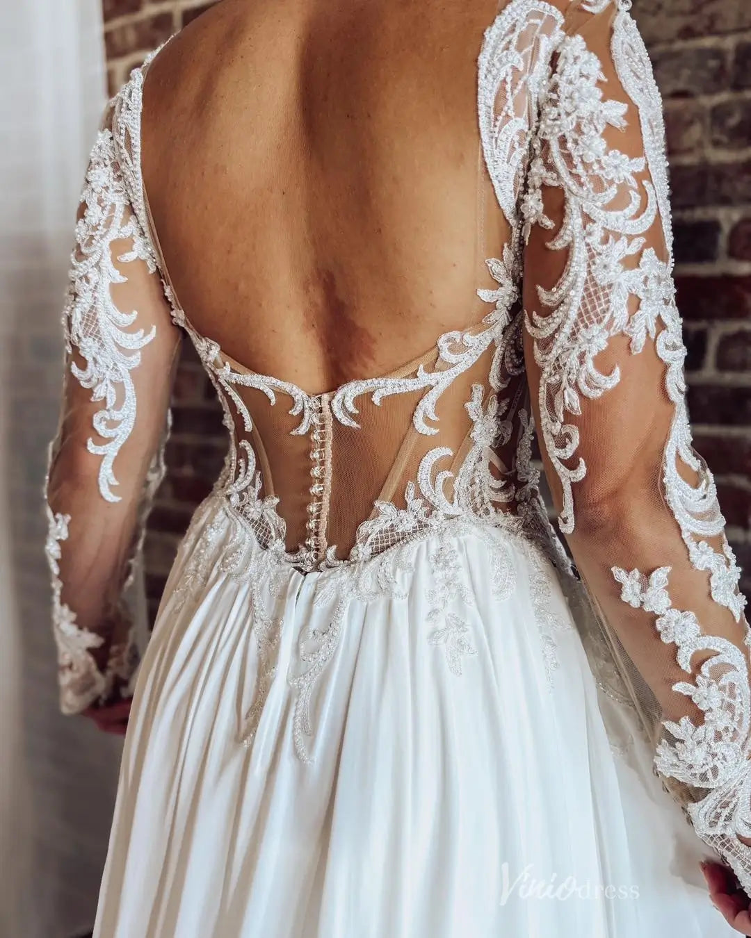 Ivory Beaded Lace A-Line Wedding Dress with Illusion Long Sleeves, Deep V Back & Chiffon Slit Skirt – LA160-wedding dresses 2026-Viniodress-Ivory-Custom Size-