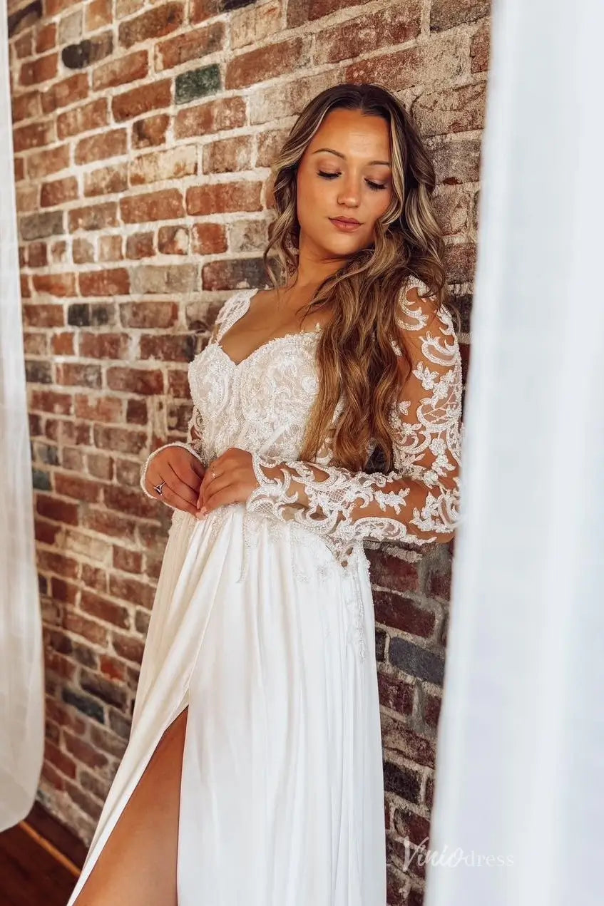 Ivory Beaded Lace A-Line Wedding Dress with Illusion Long Sleeves, Deep V Back & Chiffon Slit Skirt – LA160-wedding dresses 2026-Viniodress-Ivory-Custom Size-