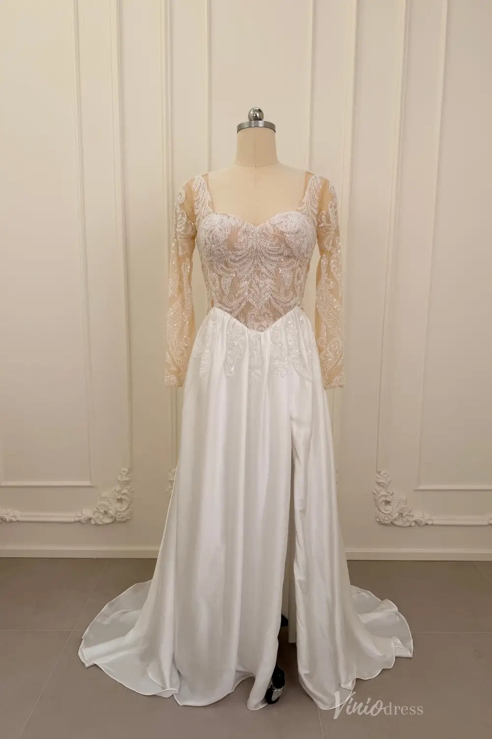 Ivory Beaded Lace A-Line Wedding Dress with Illusion Sleeves LA160 Viniodress Ivory Beaded Lace A-Line Wedding Dress with Illusion Sleeves LA160 Viniodress