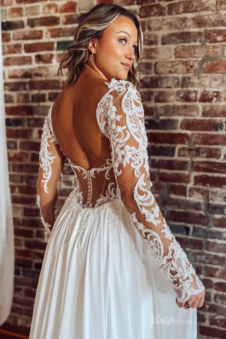 Ivory Beaded Lace A-Line Wedding Dress with Illusion Long Sleeves, Deep V Back & Chiffon Slit Skirt – LA160-wedding dresses 2026-Viniodress-Ivory-Custom Size-