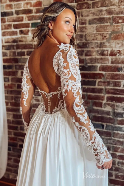 Ivory Beaded Lace A-Line Wedding Dress with Illusion Long Sleeves, Deep V Back & Chiffon Slit Skirt – LA160-wedding dresses 2026-Viniodress-Ivory-Custom Size-