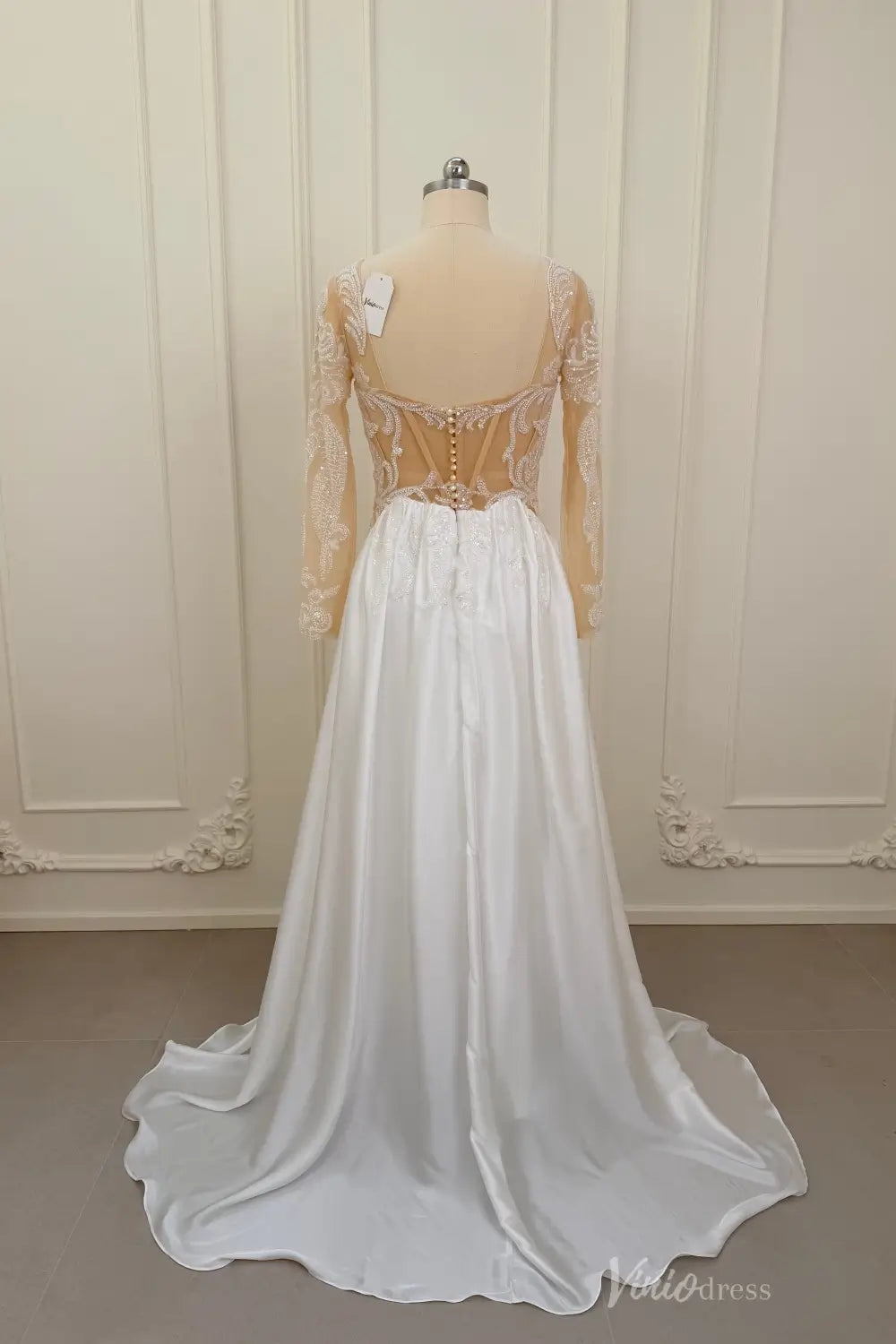 Ivory Beaded Lace A-Line Wedding Dress with Illusion Sleeves LA160 Viniodress Ivory Beaded Lace A-Line Wedding Dress with Illusion Sleeves LA160 Viniodress