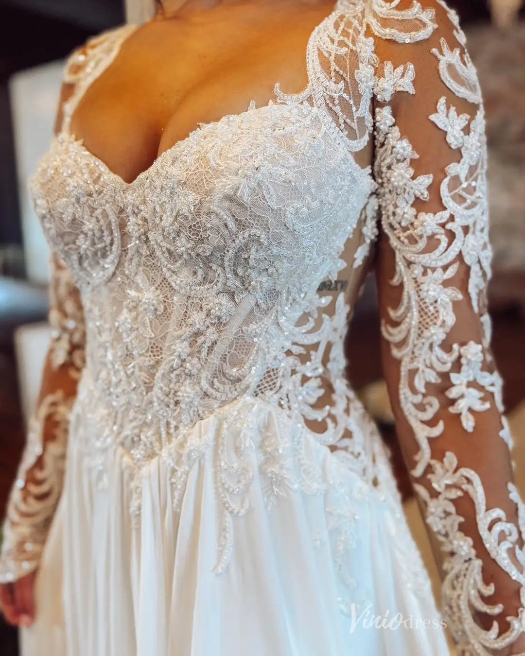 Ivory Beaded Lace A-Line Wedding Dress with Illusion Long Sleeves, Deep V Back & Chiffon Slit Skirt – LA160-wedding dresses 2026-Viniodress-Ivory-Custom Size-
