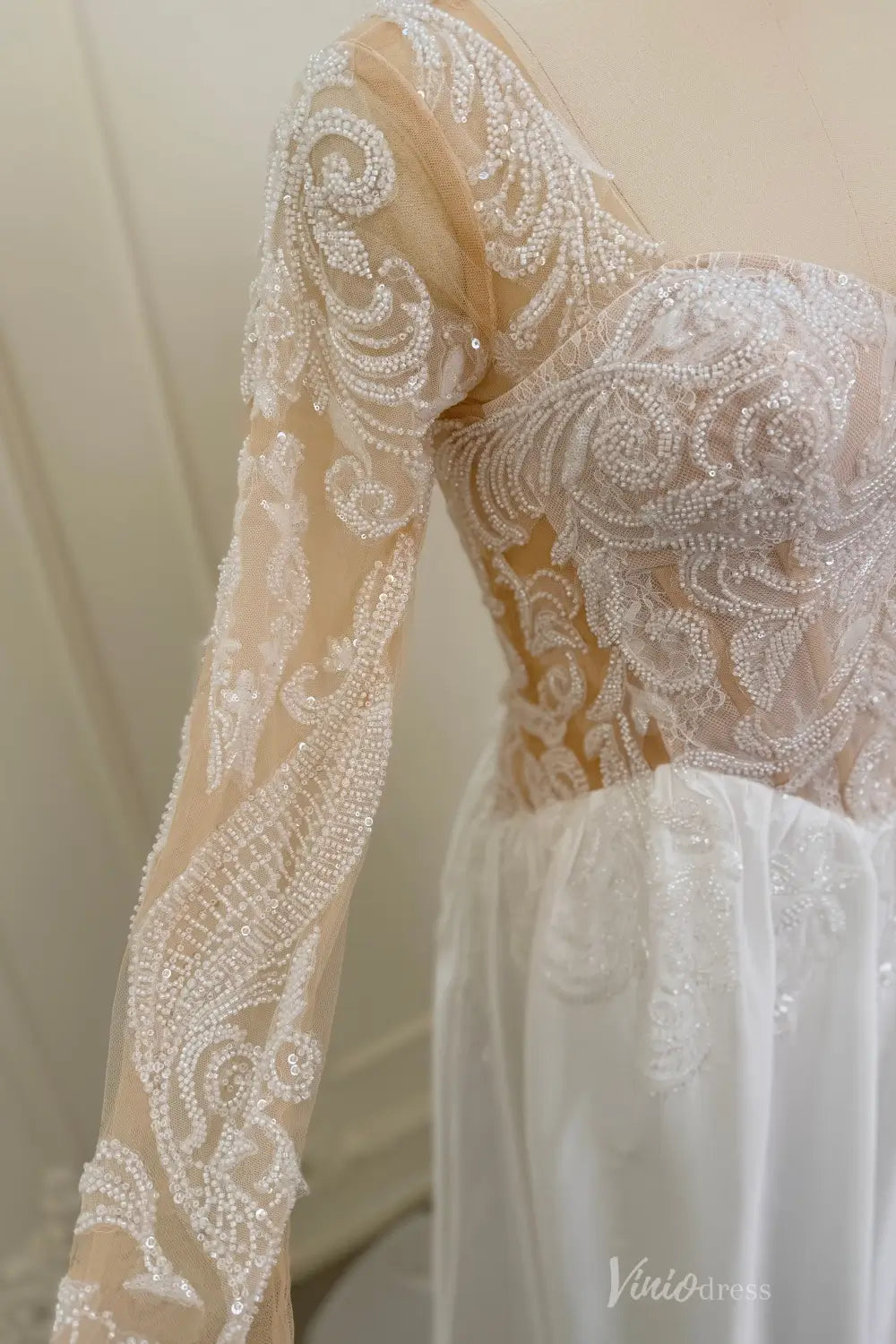 Ivory Beaded Lace A-Line Wedding Dress with Illusion Sleeves LA160 Viniodress Ivory Beaded Lace A-Line Wedding Dress with Illusion Sleeves LA160 Viniodress