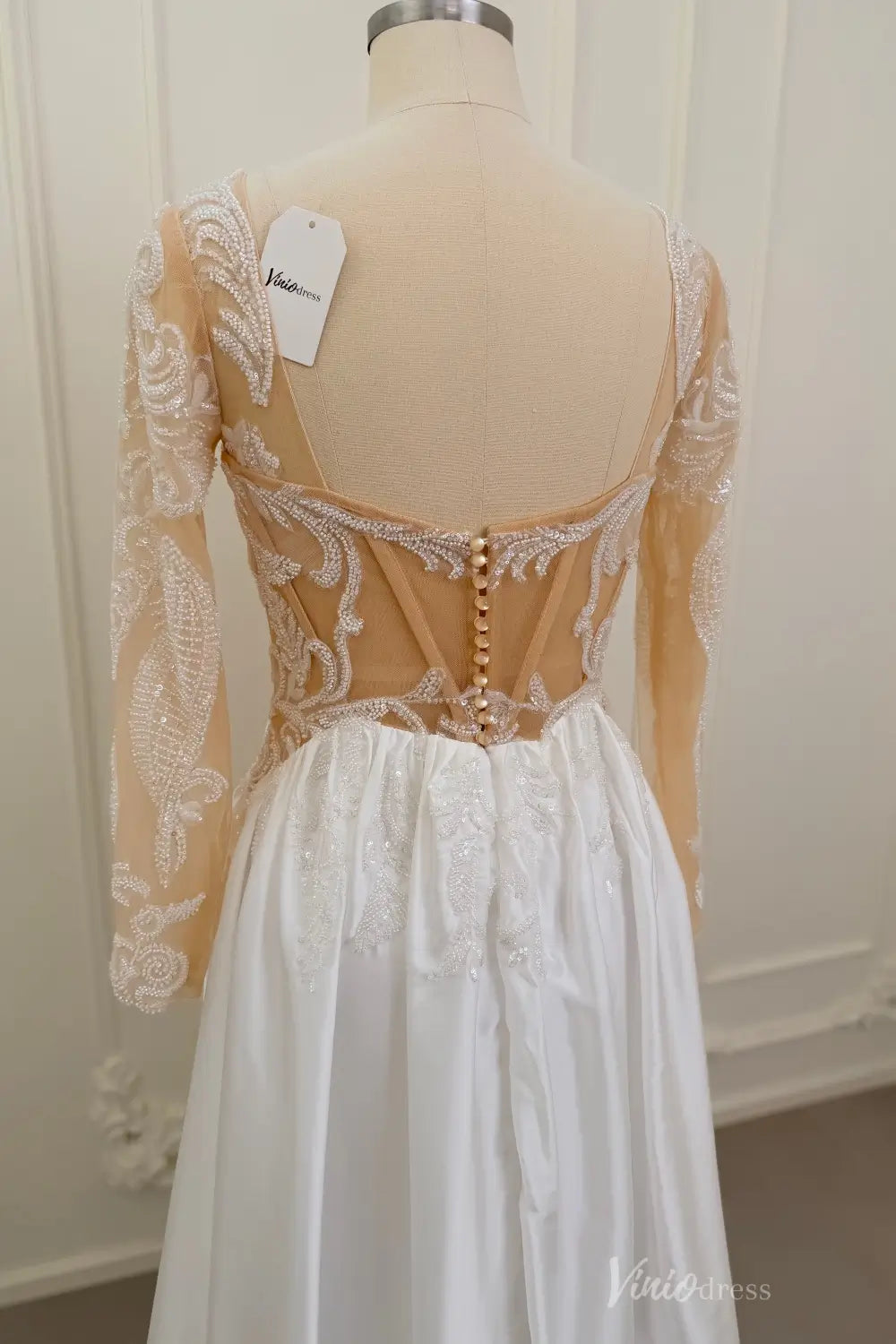 Ivory Beaded Lace A-Line Wedding Dress with Illusion Sleeves LA160 Viniodress Ivory Beaded Lace A-Line Wedding Dress with Illusion Sleeves LA160 Viniodress