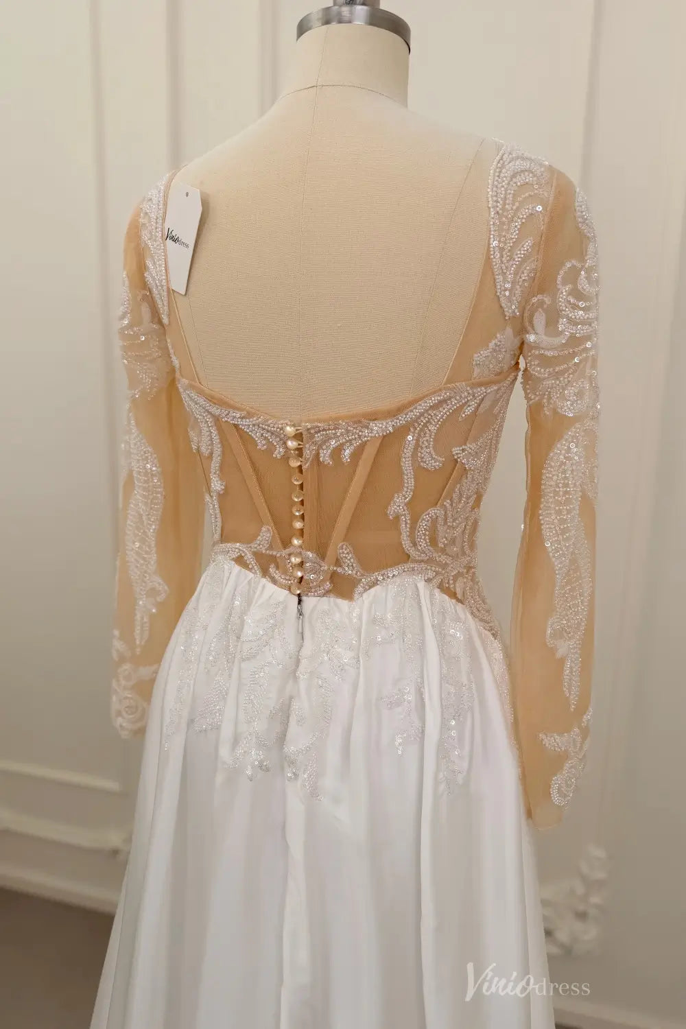 Ivory Beaded Lace A-Line Wedding Dress with Illusion Sleeves LA160 Viniodress Ivory Beaded Lace A-Line Wedding Dress with Illusion Sleeves LA160 Viniodress