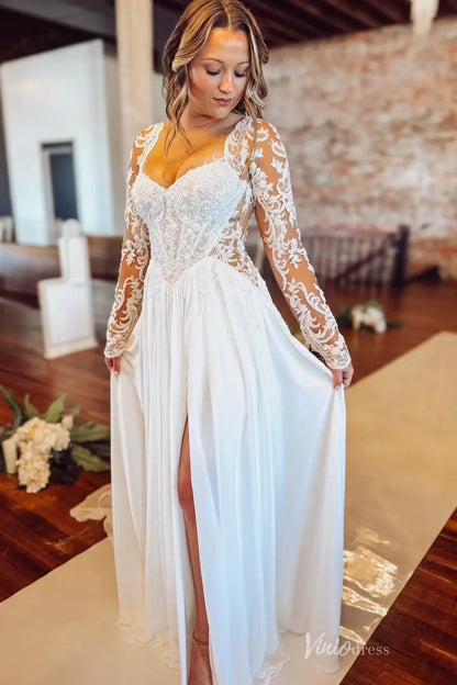 Ivory Beaded Lace A-Line Wedding Dress with Illusion Long Sleeves, Deep V Back & Chiffon Slit Skirt – LA160