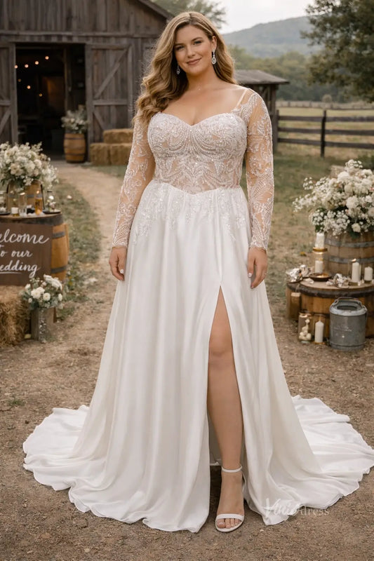 Ivory Beaded Lace A-Line Wedding Dress with Illusion Long Sleeves, Deep V Back & Chiffon Slit Skirt – LA160-wedding dresses 2026-Viniodress-Ivory-Custom Size – Add Measurements in Cart-