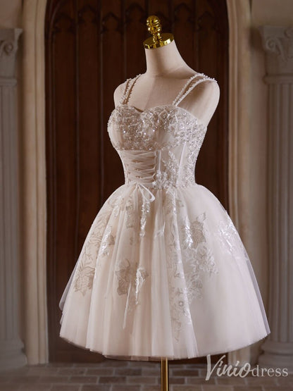 Ivory Beaded Lace Applique Homecoming Dresses Spaghetti Strap Lace Up Bodice BJ041-prom dresses 2025 -Viniodress-Ivory-Custom Size-