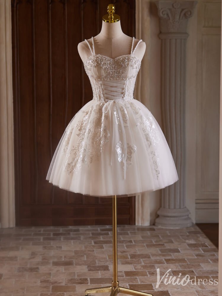 Ivory Beaded Lace Applique Homecoming Dresses Spaghetti Strap Lace Up Bodice BJ041-prom dresses 2025 -Viniodress-Ivory-Custom Size-