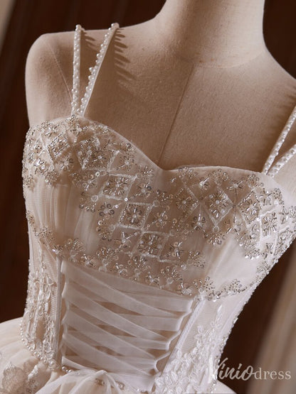 Ivory Beaded Lace Applique Homecoming Dresses Spaghetti Strap Lace Up Bodice BJ041-prom dresses 2025 -Viniodress-Ivory-Custom Size-