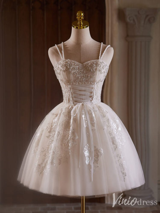 Ivory Beaded Lace Applique Homecoming Dresses Spaghetti Strap Lace Up Bodice BJ041-prom dresses 2025 -Viniodress-Ivory-Custom Size-