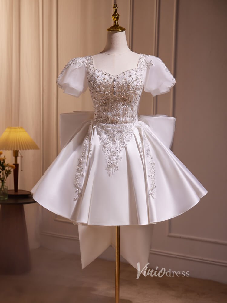 Ivory Beaded Lace Bow Homecoming Dresses with Puffed Sleeve BJ013 - Viniodressprom dressesIvoryCustom Size - Formal Dresses - Ball Gowns