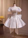 Ivory Beaded Lace Bow Homecoming Dresses with Puffed Sleeve BJ013