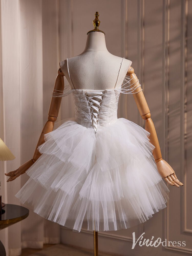 Ivory Beaded Lace Homecoming Dresses Tiered Spaghetti Strap Short Prom Dress BJ037-prom dresses 2025 -Viniodress-Ivory-Custom Size-