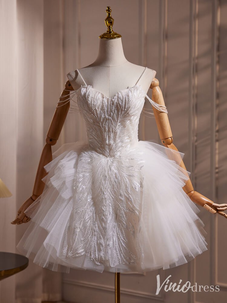 Ivory Beaded Lace Homecoming Dresses Tiered Spaghetti Strap Short Prom Dress BJ037-prom dresses 2025 -Viniodress-Ivory-Custom Size-