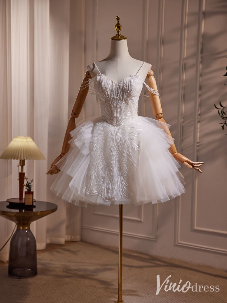 Ivory Beaded Lace Homecoming Dresses Tiered Spaghetti Strap Short Prom Dress BJ037-prom dresses 2025 -Viniodress-Ivory-Custom Size-
