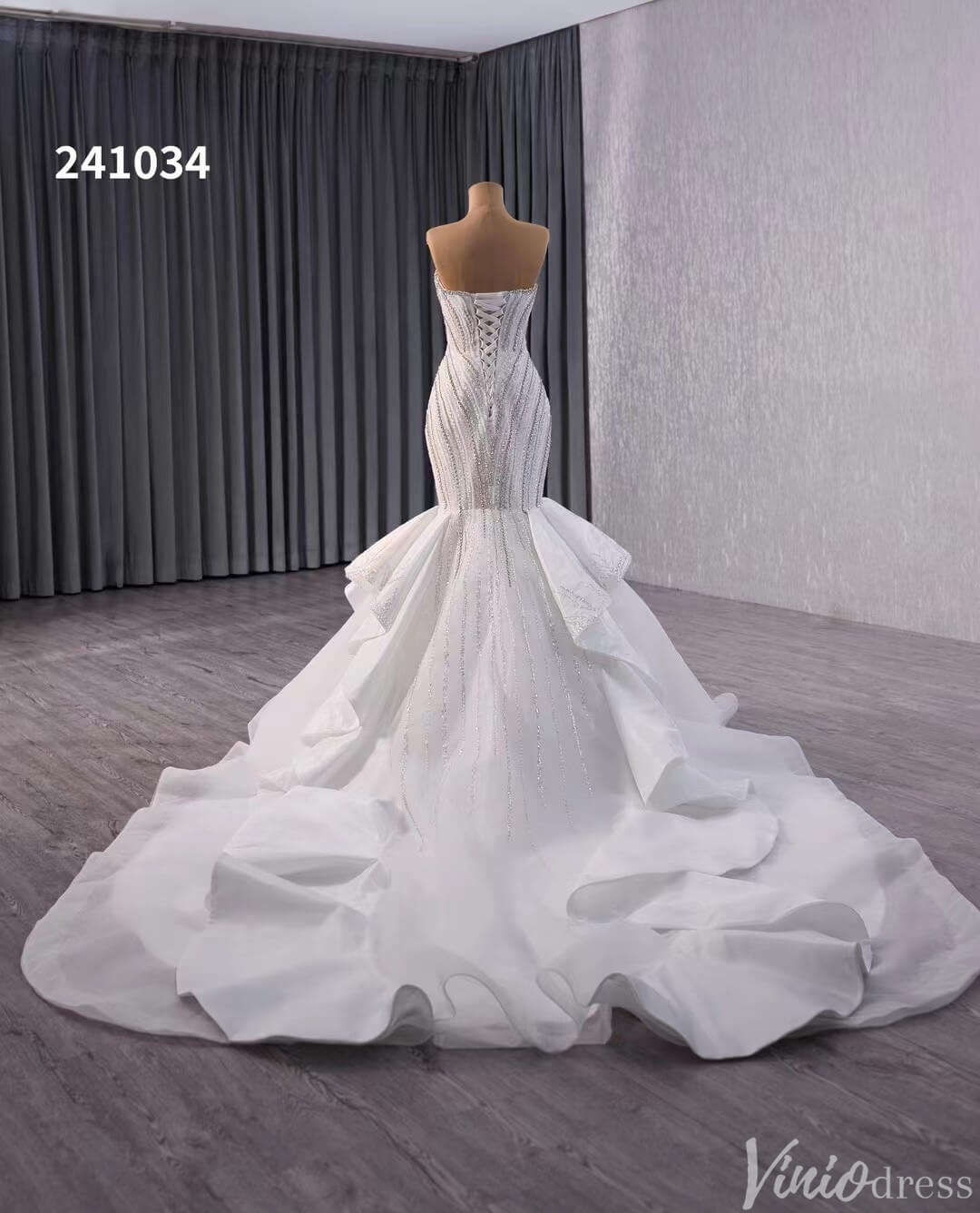 Ivory Beaded Lace Mermaid Wedding Gown Strapless Tiered Bridal Dress 241034-wedding dresses 2025 -Viniodress-Ivory-Custom Size-