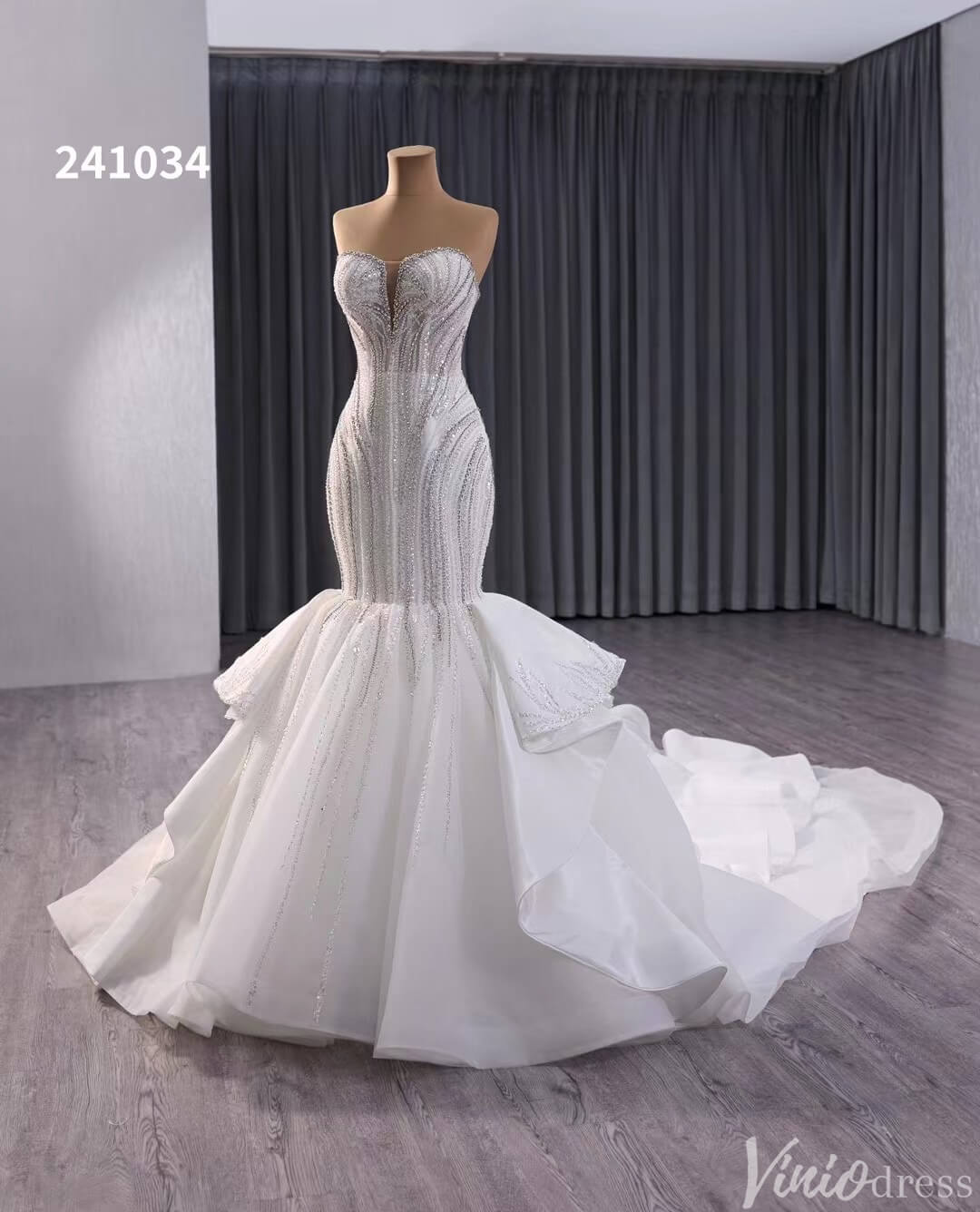 Ivory Beaded Lace Mermaid Wedding Gown Strapless Tiered Bridal Dress 241034-wedding dresses 2025 -Viniodress-Ivory-Custom Size-