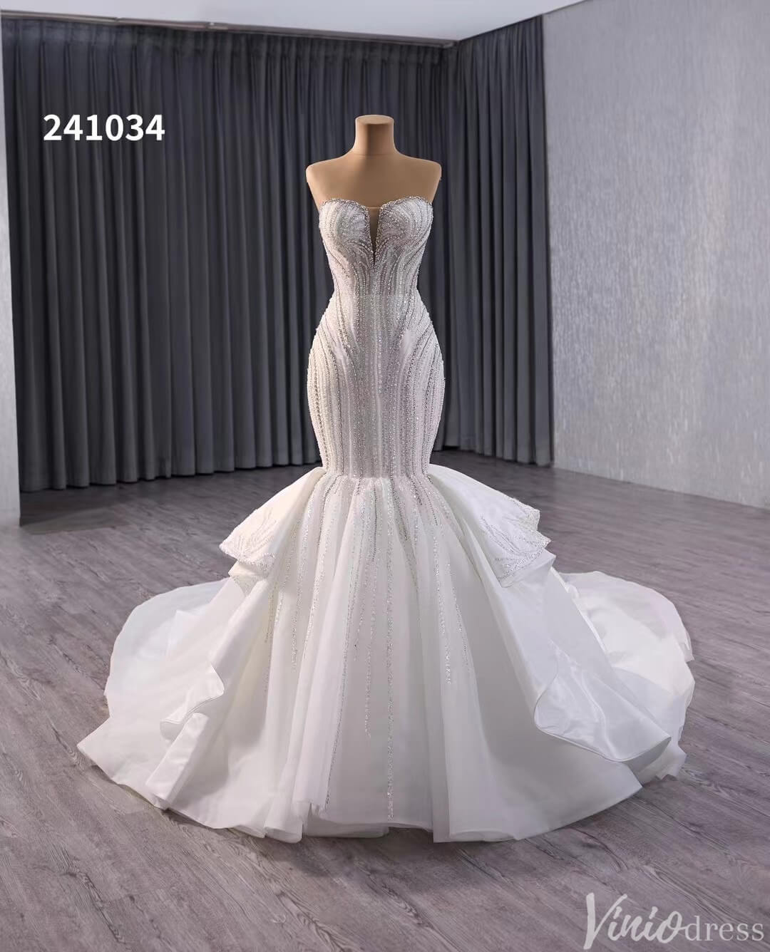 Ivory Beaded Lace Mermaid Wedding Gown Strapless Tiered Bridal Dress 241034-wedding dresses 2025 -Viniodress-Ivory-Custom Size-