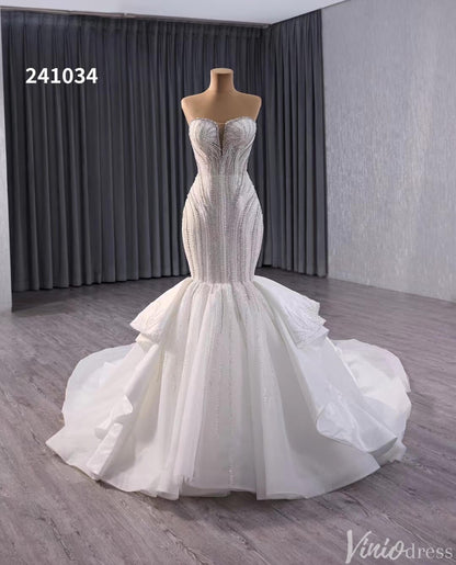 Ivory Beaded Lace Mermaid Wedding Gown Strapless Tiered Bridal Dress 241034-wedding dresses 2025 -Viniodress-Ivory-Custom Size-