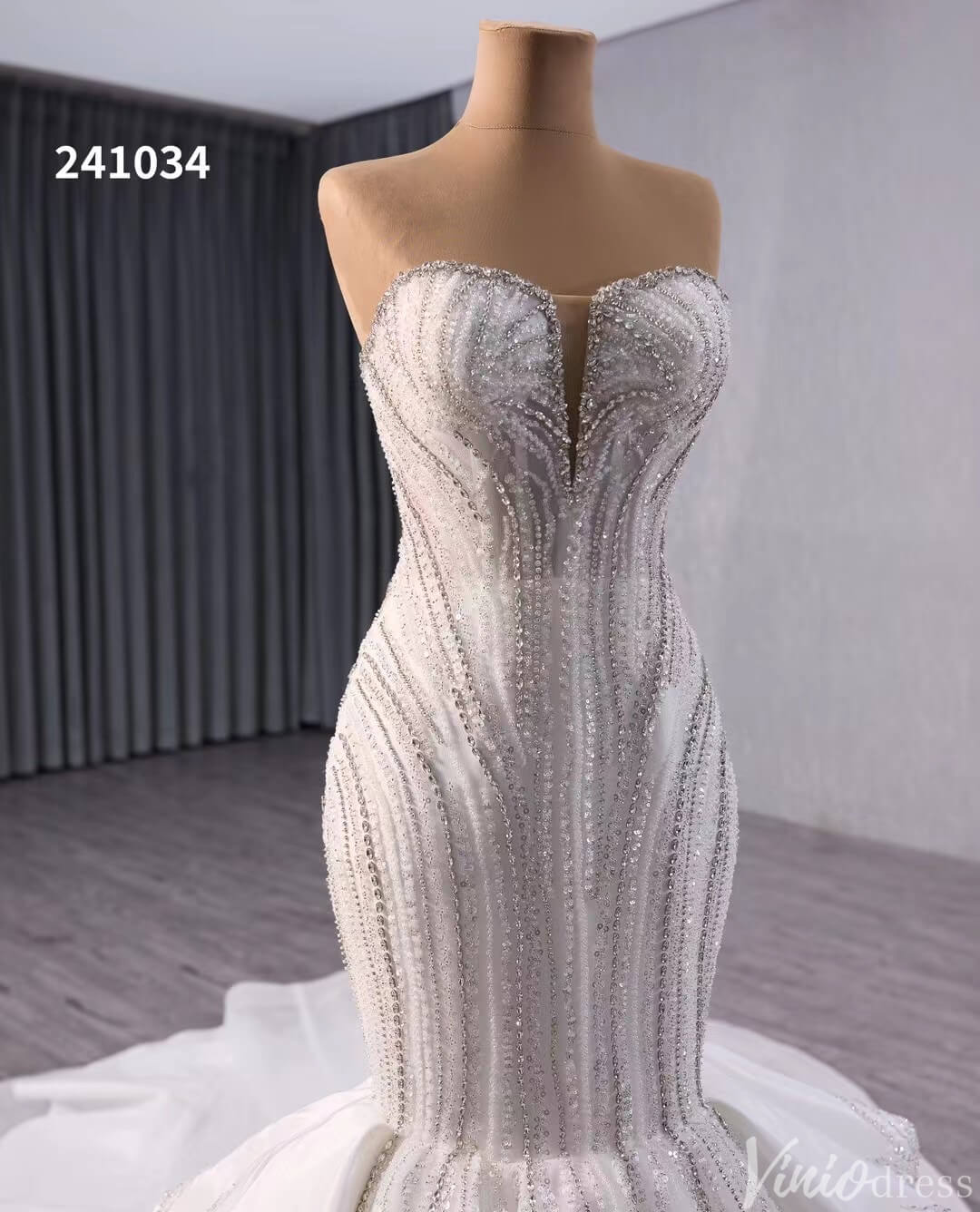 Ivory Beaded Lace Mermaid Wedding Gown Strapless Tiered Bridal Dress 241034-wedding dresses 2025 -Viniodress-Ivory-Custom Size-