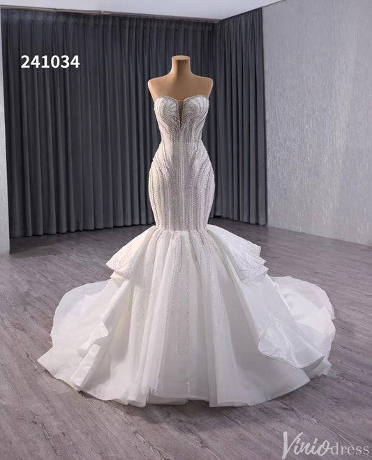 Ivory Beaded Lace Mermaid Wedding Gown Strapless Tiered Bridal Dress 241034-wedding dresses 2025 -Viniodress-Ivory-Custom Size-