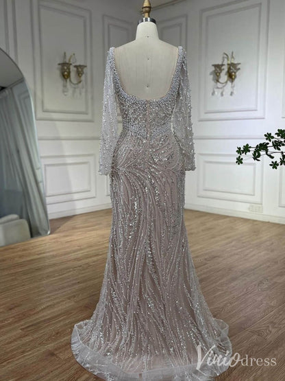 Ivory Beaded Lace Square Neck Prom Dresses Long Sleeve Sheath Pageant Dress 20236-Evening Dresses 2025 -Viniodress-Ivory-US 2-