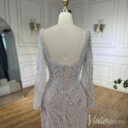 Ivory Beaded Lace Square Neck Prom Dresses Long Sleeve Sheath Pageant Dress 20236-Evening Dresses 2025 -Viniodress-Ivory-US 2-