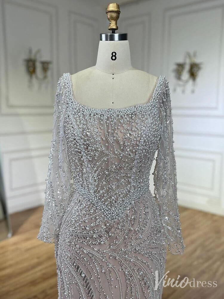 Ivory Beaded Lace Square Neck Prom Dresses Long Sleeve Sheath Pageant Dress 20236-Evening Dresses 2025 -Viniodress-Ivory-US 2-