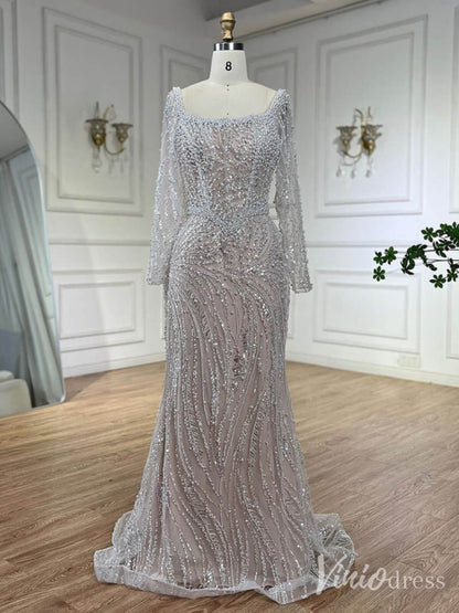Ivory Beaded Lace Square Neck Prom Dresses Long Sleeve Sheath Pageant Dress 20236-Evening Dresses 2025 -Viniodress-Ivory-US 2-