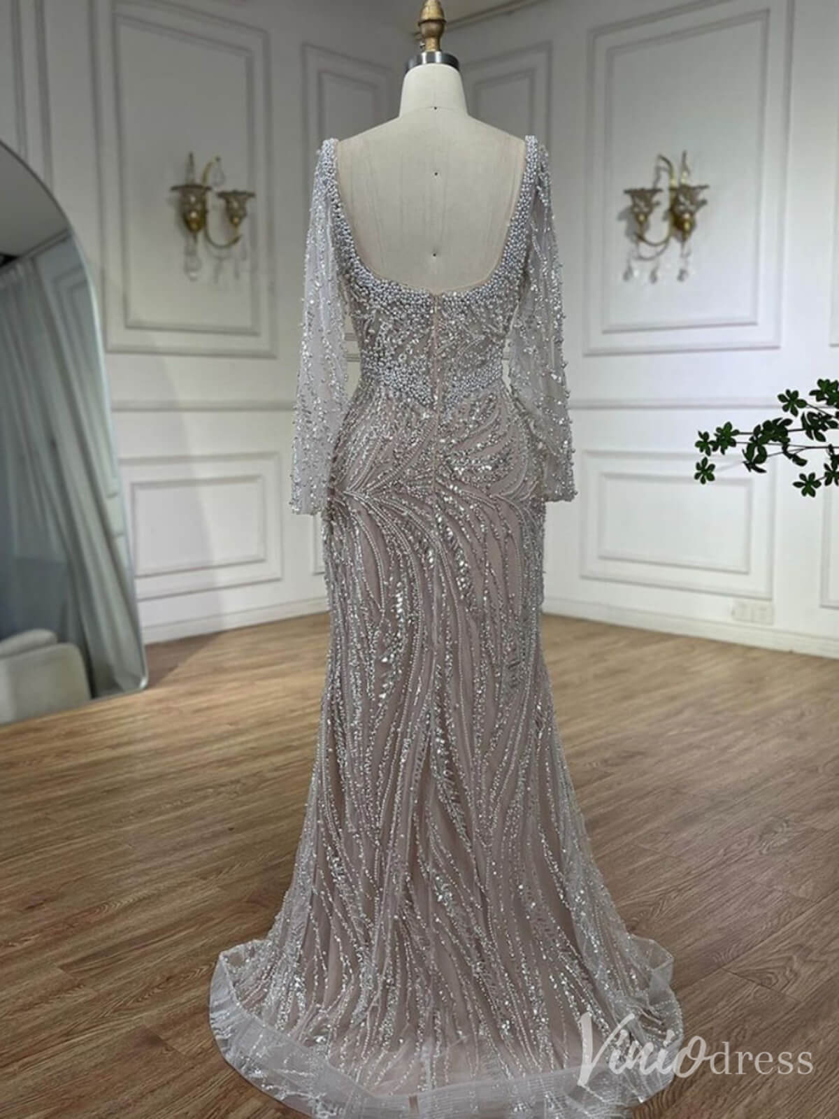 Ivory Beaded Lace Square Neck Prom Dresses Long Sleeve Sheath Pageant Dress 20236-prom dresses-Viniodress-Viniodress