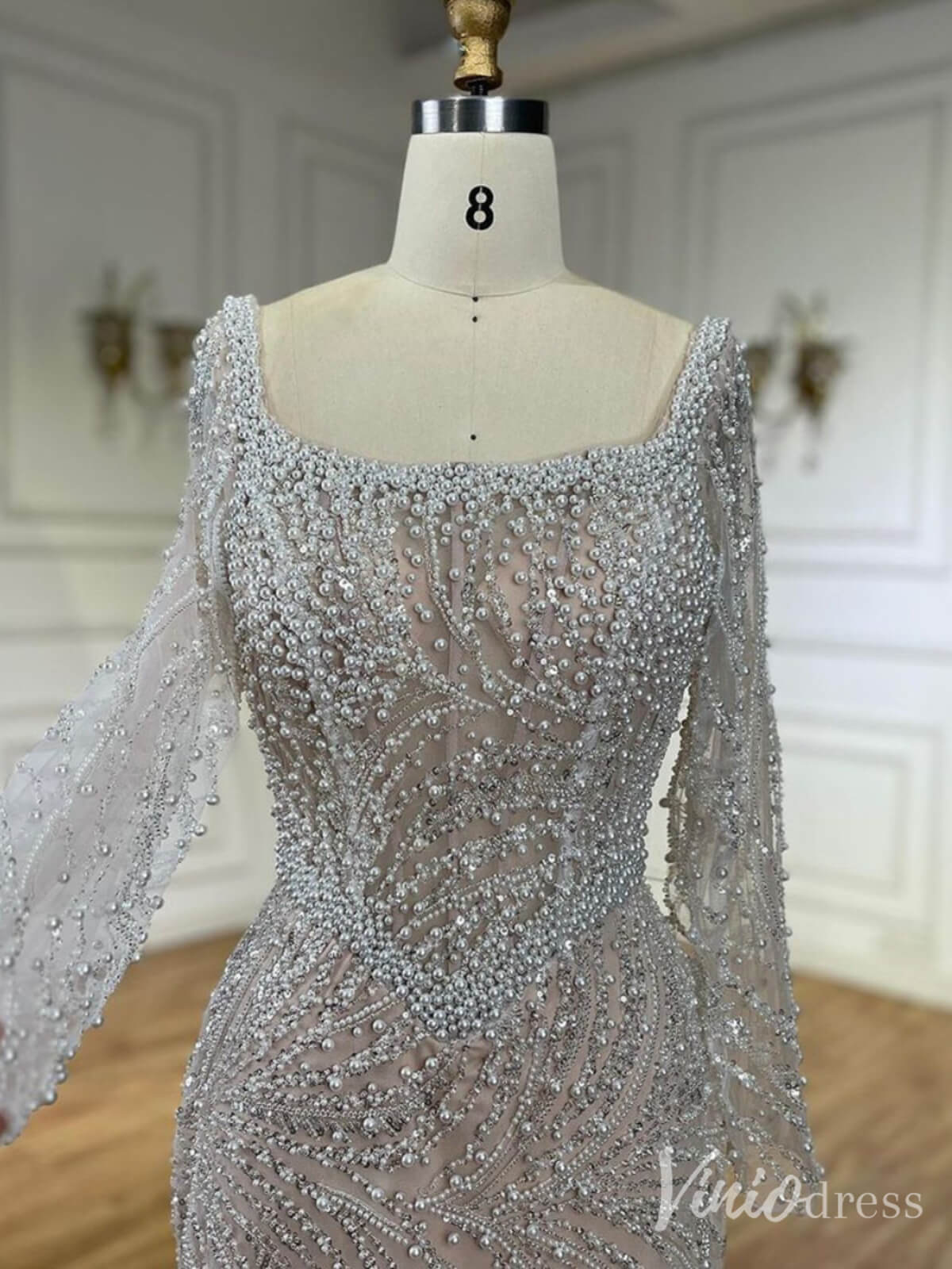 Ivory Beaded Lace Square Neck Prom Dresses Long Sleeve Sheath Pageant Dress 20236-prom dresses-Viniodress-Viniodress