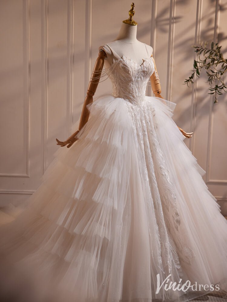 Ivory Beaded Lace Tiered Prom Dresses Spaghetti Strap Wedding Gown BJ033-prom dresses 2025 -Viniodress-Ivory-Custom Size-