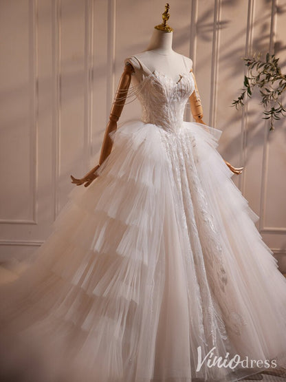 Ivory Beaded Lace Tiered Prom Dresses Spaghetti Strap Wedding Gown BJ033-prom dresses 2025 -Viniodress-Ivory-Custom Size-