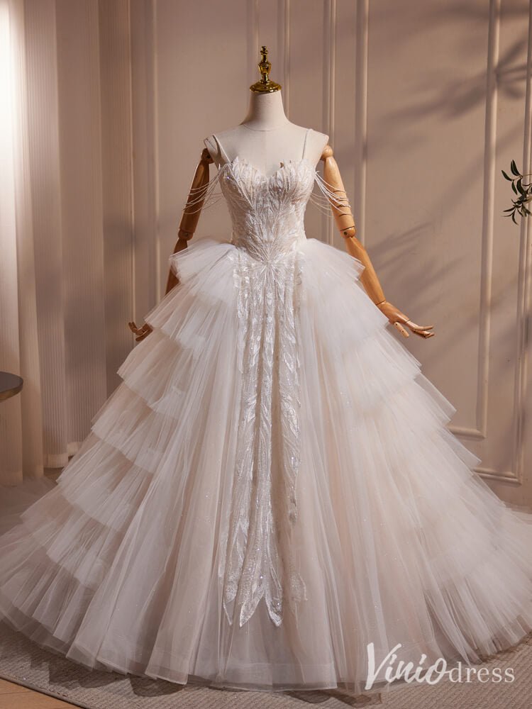 Ivory Beaded Lace Tiered Prom Dresses Spaghetti Strap Wedding Gown BJ033-prom dresses 2025 -Viniodress-Ivory-Custom Size-