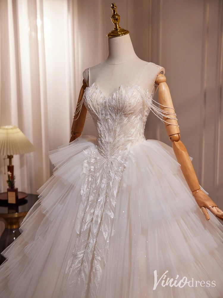 Ivory Beaded Lace Tiered Prom Dresses Spaghetti Strap Wedding Gown BJ033-prom dresses 2025 -Viniodress-Ivory-Custom Size-