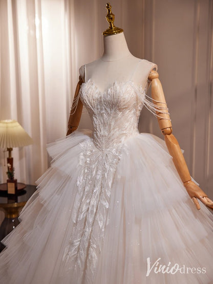 Ivory Beaded Lace Tiered Prom Dresses Spaghetti Strap Wedding Gown BJ033-prom dresses 2025 -Viniodress-Ivory-Custom Size-