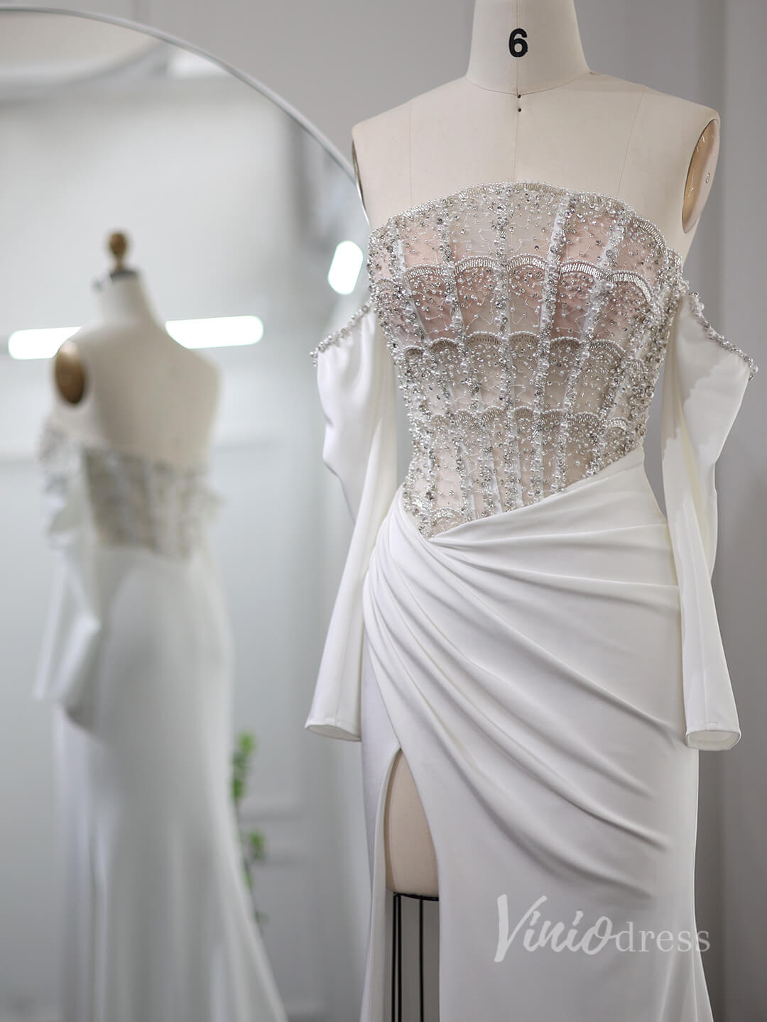 Ivory Beaded Mermaid Prom Dresses with Slit Off the Shoulder Pageant Dress AD1188-Evening Dresses 2025 -Viniodress-Ivory-US 2-