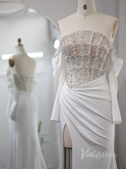 Ivory Beaded Mermaid Prom Dresses with Slit Off the Shoulder Pageant Dress AD1188-Evening Dresses 2025 -Viniodress-Ivory-US 2-